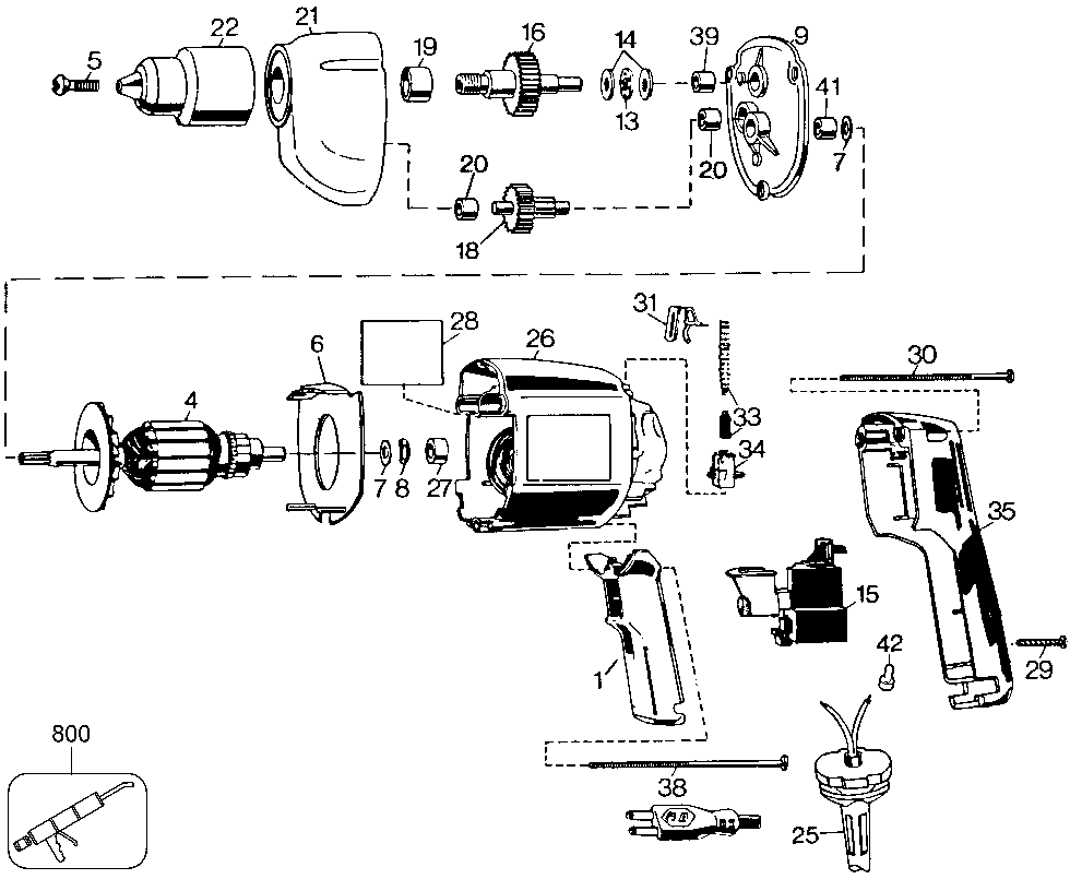 Default Diagram and Parts List for TS301K-1 Type 1 Black and Decker Boring Machine